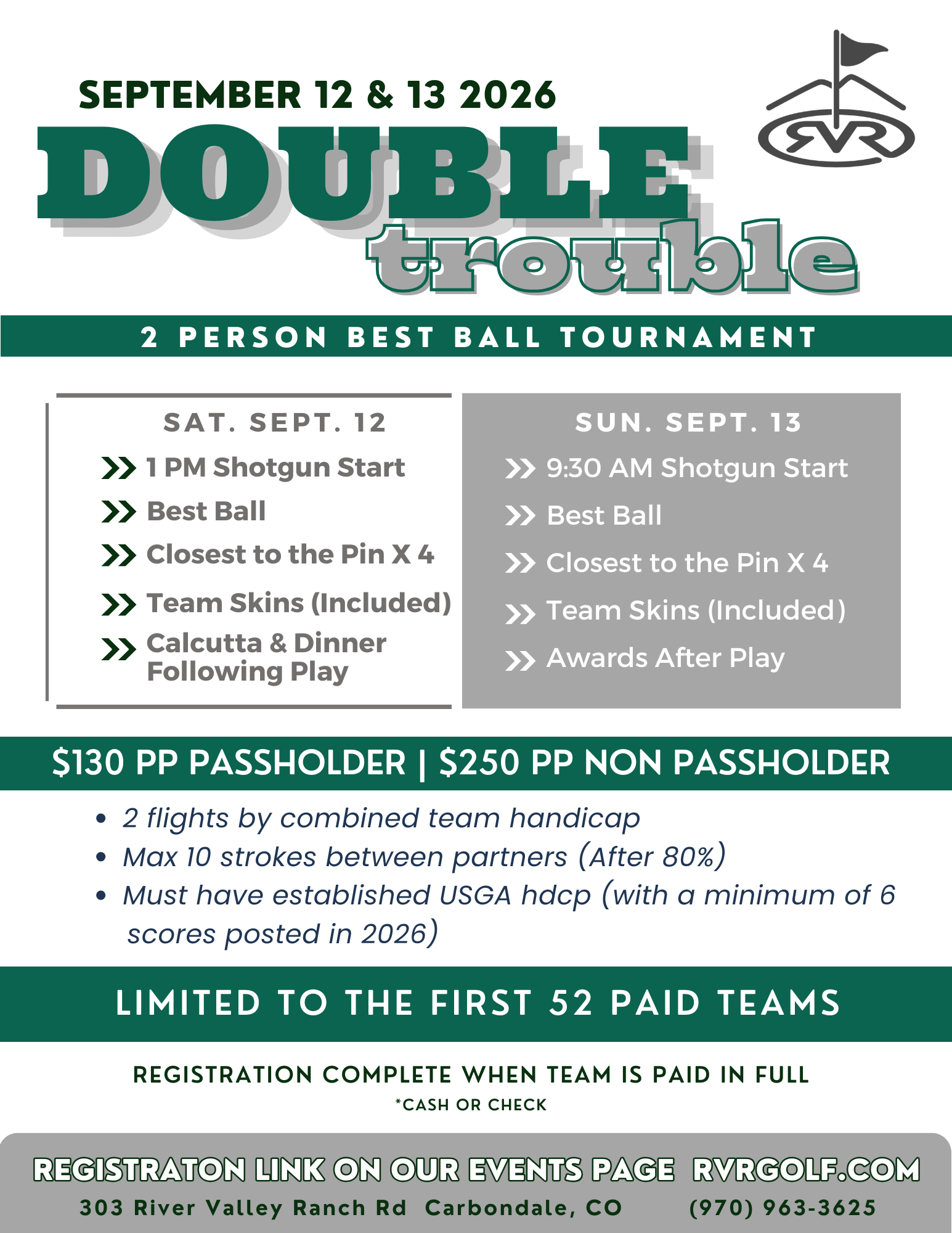 Flyer for the double trouble golf tournament at River Valley Ranch